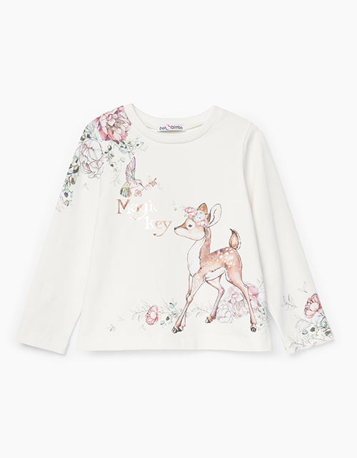 Молочный лонгслив с принтом и стразами для девочки Молочный лонгслив с принтом и стразами для девочки