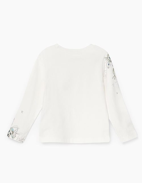 Молочный лонгслив с принтом и стразами для девочки Молочный лонгслив с принтом и стразами для девочки