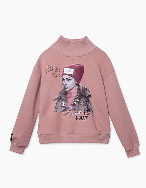 Объемный розовый свитшот с воротником-стойкой