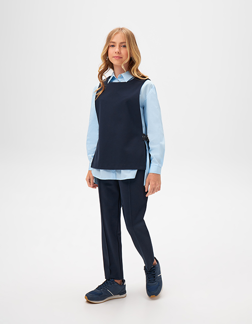 Зауженные тёмно-синие школьные брюки для девочки