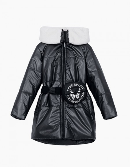 Зимняя чёрная куртка со стильной сумочкой на поясе