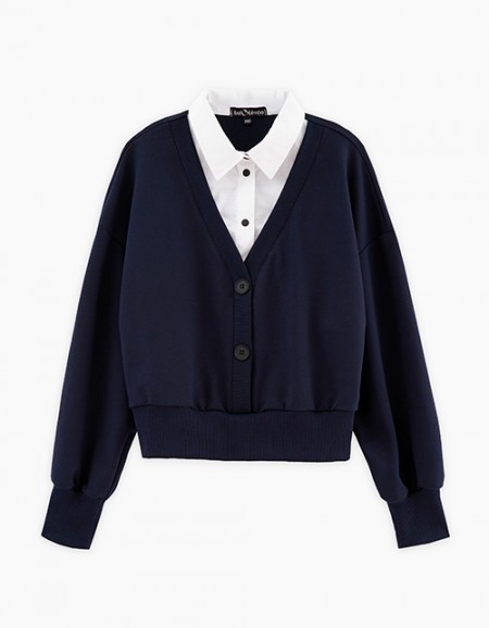 Укороченный тёмно-синий джемпер-обманка для девочки