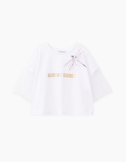 Белая футболка с сетчатыми рукавами для девочки