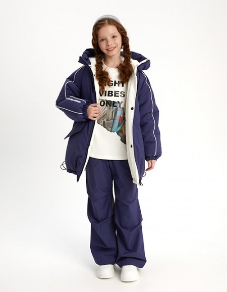 Тёмно-синие утеплённые брюки-парашюты на флисе для девочки